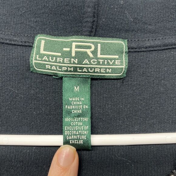 Lauren Ralph Lauren Womens Hoodie Medium Black Ribbed Zip Up Jacket Gold Crest - Picture 2 of 4